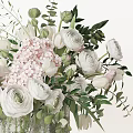 Beautiful Decorative Floral Arrangement With White Roses Pink Hydrangeas Green Leaves In Clear Glass Vases