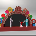 Traditional Chinese Opera Stage with Performers Red Arch and Colorful Facial Decorations