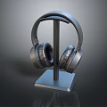 Black Over Ear Computer Headphones On Metal Stand With Dark Background And Reflection Effect 3d model