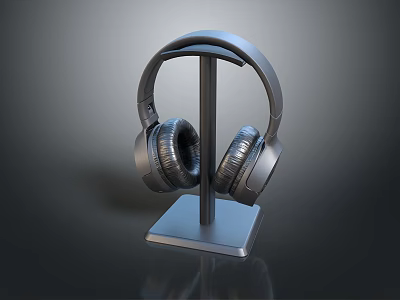 Black Over Ear Computer Headphones On Metal Stand With Dark Background And Reflection Effect 3d model
