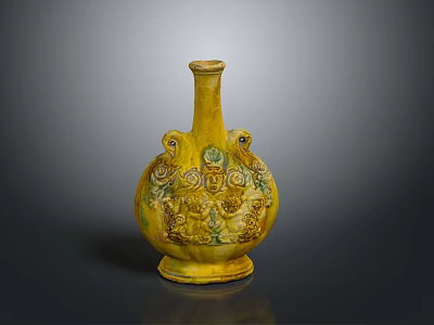 Yellow Ceramic Vase With Intricate Carved Patterns And Decorative Handles 3d model
