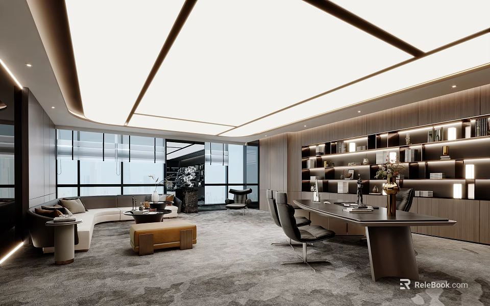Modern Office Interior Design With Large Windows Bookshelves Sofa Desk And Gray Carpet 3d model 