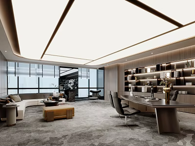 Modern Office Interior Design With Large Windows Bookshelves Sofa Desk And Gray Carpet 3d model