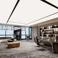 Modern Office Interior Design With Large Windows Bookshelves Sofa Desk And Gray Carpet