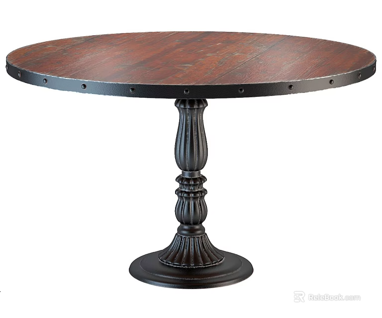 Round Wooden Dining Table With Carved Black Pedestal Base And Classic Design 3d model 