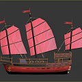 Traditional Sailing Ship with Pink Sails Red Flags Wooden Hull and Decorative Details