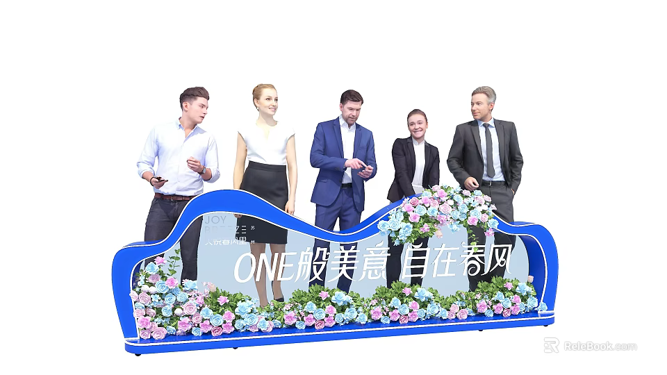 Elegant Blue Launch Device At Ceremony With Flower Decorations And People Standing Around 3d model 