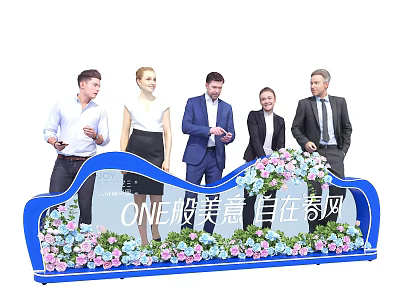 Elegant Blue Launch Device At Ceremony With Flower Decorations And People Standing Around 3d model
