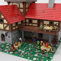 Two Story Medieval Building Blocks House with Red Roof and Courtyard Figures