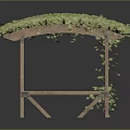 Wooden Arched Outdoor Pergola Structure Covered With Lush Green Vines And Garden Design Elements