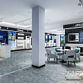 Spacious Modern Exhibition Hall Interior Featuring Gray Marble Floor Sofas And Display Walls 3d model