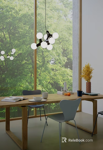 Cozy Restaurant Dining Area With Wooden Table Setting Large Windows Green Trees Outside And Chandelier 3d model 
