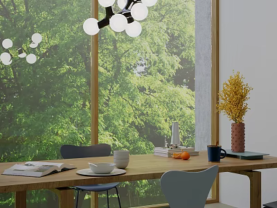 Cozy Restaurant Dining Area With Wooden Table Setting Large Windows Green Trees Outside And Chandelier 3d model