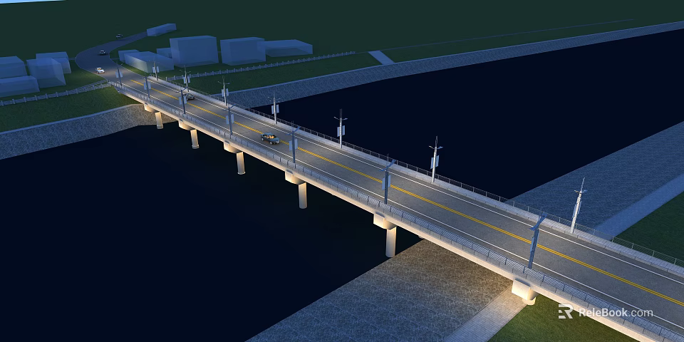 Modern Road Bridge With Street Lights Over Water And Concrete Piers 3d model 