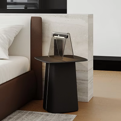 Modern Stylish Black Leather Nightstand Beside Bed With Stitched Detail And Metal Stand 3d model