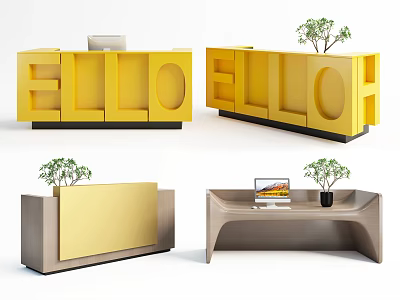 Modern Reception Desks With Yellow Letter Design And Small Plants Various Styles 3d model