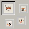 Traditional Chinese Decorative Wall Art With Four Framed Paintings Featuring Persimmon Teapot Basket And Bird