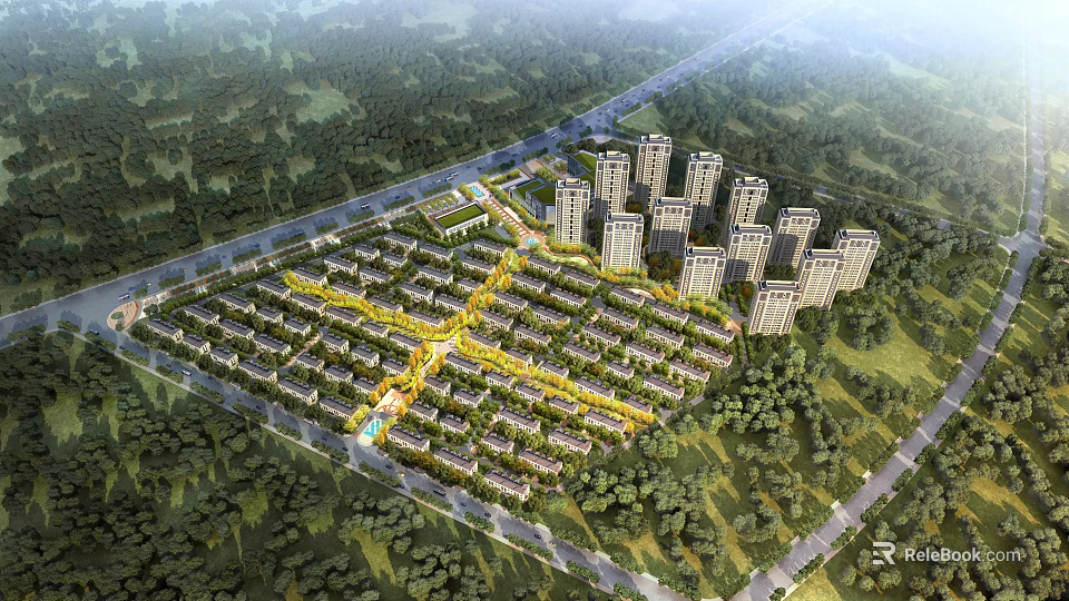 Aerial View Planning Residential Layout With High Rise Low Rise Buildings Greenery And Roads 3d model 