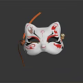 Traditional White Cat Mask With Red And Black Intricate Patterns Orange Tassel And Decorative Bell