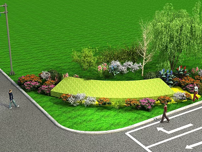 Lush Garden Landscape With Green Lawn Colorful Flowers And People Strolling Around 3d model