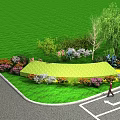 Lush Garden Landscape With Green Lawn Colorful Flowers And People Strolling Around