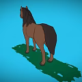 Cartoon Brown Horse Standing On Green Grass With Blue Sky Background