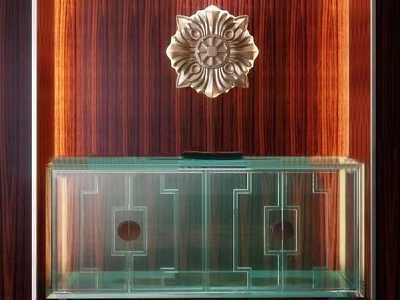 Wooden Entryway Console Cabinet With Transparent Glass Panel Geometric Patterns And Decorative Metal Flower Accent 3d model