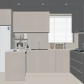 Modern Kitchen Interior With White Cabinets Island Counter Appliances And Window Blinds
