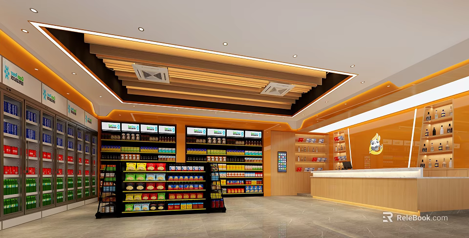Modern Grocery Store Interior Design With Shelves Filled With Various Products And Checkout Counter 3d model 