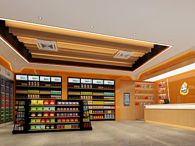 Modern Grocery Store Interior Design With Shelves Filled With Various Products And Checkout Counter 3d model