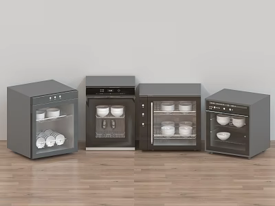 Four Black Kitchen Appliances With White Dishes On Wooden Floor Light Background 3d model