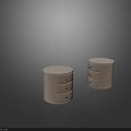 Round Beige Upholstered Bedside Nightstands With Three Drawers And Brass Handles