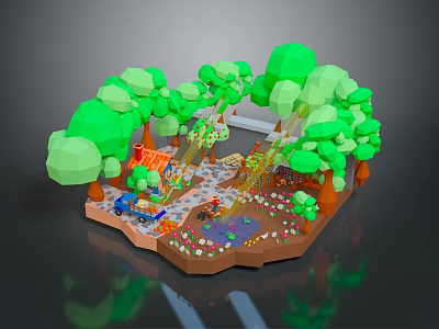 Cartoon Scene With Green Trees Small House Blue Car Pathway Pond And Colorful Flowers 3d model