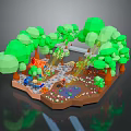 Cartoon Scene With Green Trees Small House Blue Car Pathway Pond And Colorful Flowers
