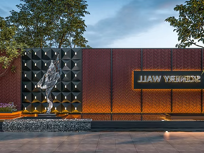 Street Art Wall Scene With Silver Sculpture Geometric Pattern Lighting And Trees 3d model