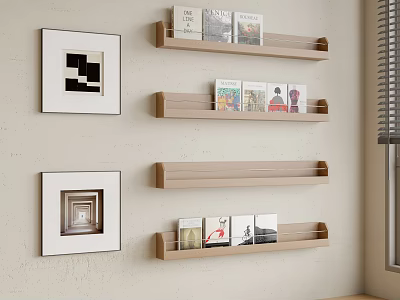 Wooden Wall Mounted Bookshelves with Multiple Shelves Holding Books and Framed Artworks on Beige Wall 3d model