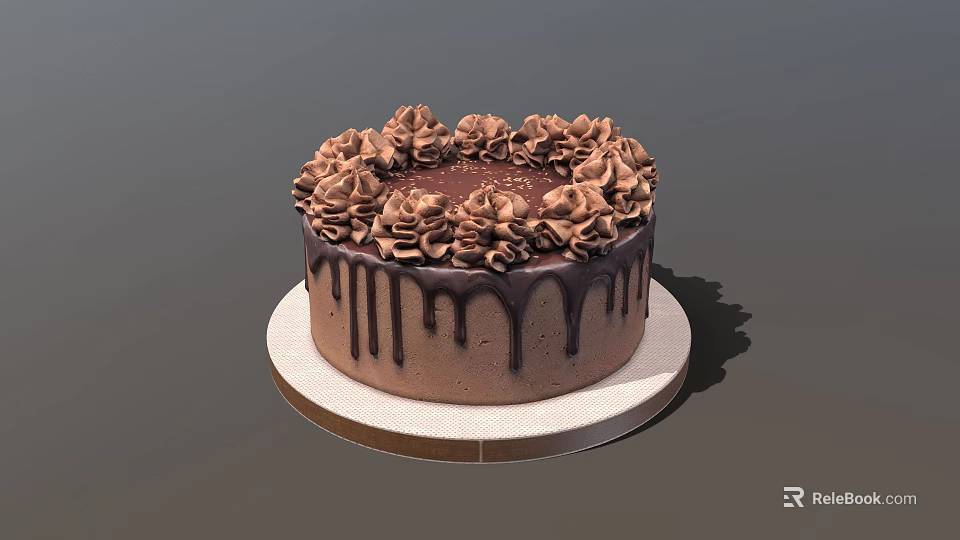 Delicious Chocolate Cake Topped with Cream Flowers and Drizzle on White Base 3d model 