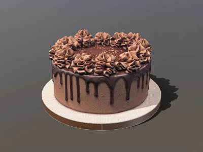 Delicious Chocolate Cake Topped with Cream Flowers and Drizzle on White Base 3d model