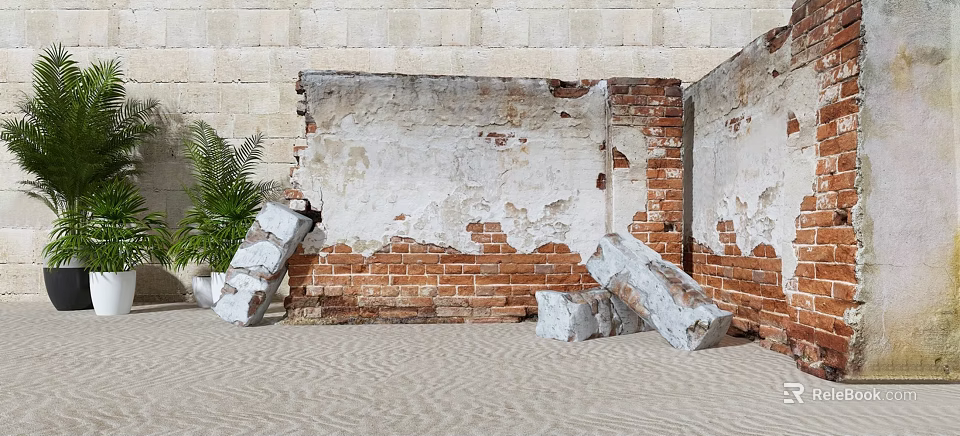 Weathered Building Exterior Wall With Peeling White Paint Exposed Red Bricks And Stone Blocks 3d model 