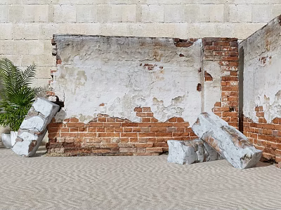 Weathered Building Exterior Wall With Peeling White Paint Exposed Red Bricks And Stone Blocks 3d model