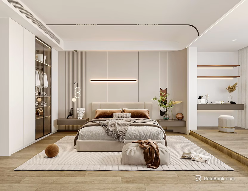 Modern Bedroom Interior Design With Upholstered Headboard Area Rug Pendant Lights And Decorative Plant 3d model 