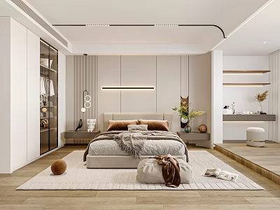Modern Bedroom Interior Design With Upholstered Headboard Area Rug Pendant Lights And Decorative Plant 3d model