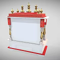 Traditional Pooja Mandir Cabinet With Red Gold Decor Golden Spires And Intricate Carvings