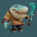 Cartoon Shark Character Holding Glowing Blue Weapon Dressed In Brown Shirt With Red Bead Bracelet
