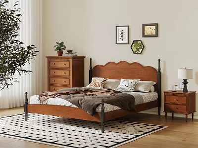 Vintage Scalloped Headboard Solid Wood Double Bed With Matching Storage Furniture For Warm Cozy Bedroom 3d model