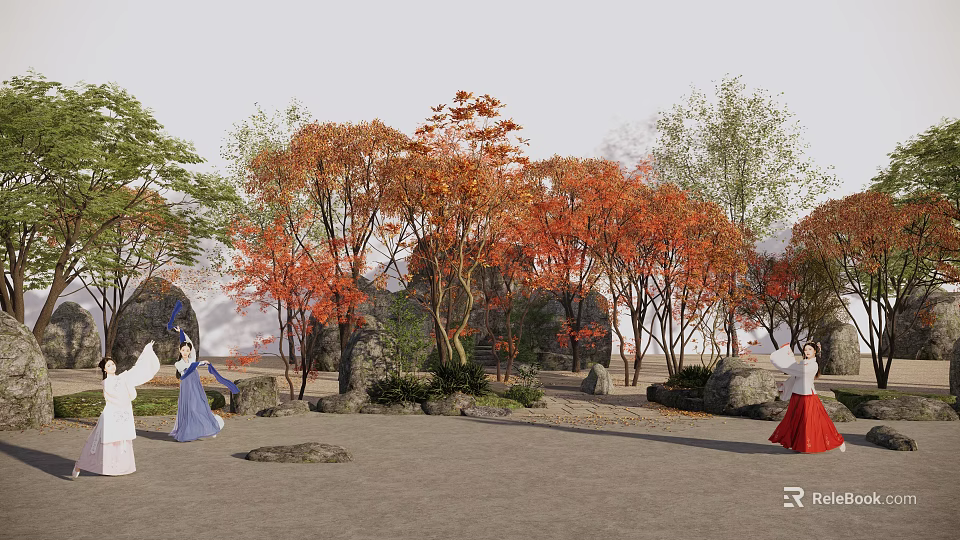 Garden Trees with Red Orange Leaves Stone Sand Ground and People in Traditional Clothing 3d model 