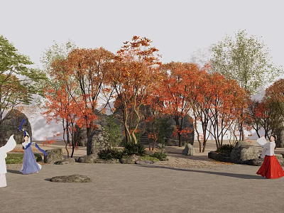Garden Trees with Red Orange Leaves Stone Sand Ground and People in Traditional Clothing 3d model