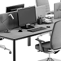 Modern Office Desk Setup With Multiple Computer Monitors Office Chairs Desk Lamps And Supplies