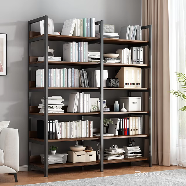 Modern Industrial Bookcase with Multiple Shelves Filled With Books Storage Boxes And Decorative Plants 3d model 