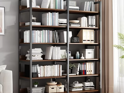 Modern Industrial Bookcase with Multiple Shelves Filled With Books Storage Boxes And Decorative Plants 3d model